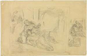 Nainen kuolee (?), Mies makuuhuoneessa, kaksi luonnosta samasta tekijältä Eugène Delacroix