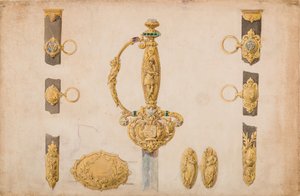 Suunnittelu miekkakahvalle, tutralle ja vyön liitoksille, n. 1840-50. tekijältä Eugène Julienne.
