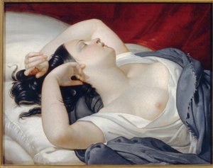 Nukkuva italialainen nainen. Kaunis nainen suljetuin silmin ja peittämättömällä rinnalla, nukkumassa irstailevasti sängyn reunalla. Eugene Pluchartin (1809-1880) maalaus, öljy kankaalle, noin 1840. Ranskalainen taide