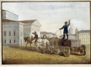 Graniittilohkojen kuljetus Pietarin teatteriaukiolle. Eugene Pluchartin (1809-1880) teos, akvarelli litografialle