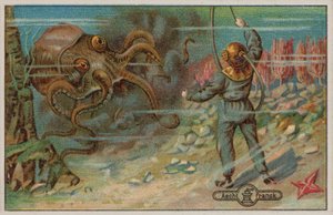 Sukeltajaa uhkaa mustekala (chromolitho). tekijältä European School