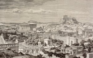 Taiteilijan näkemys Ateenasta keisari Hadrianuksen aikaan, Barcelonassa 1880 julkaistusta "El Mundo Ilustradosta" tekijältä European School
