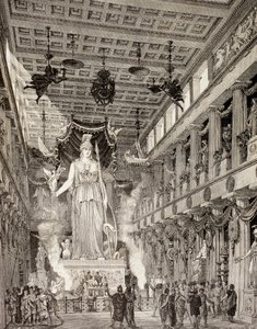 Taiteilijan näkemys Ateenan Parthenonissa sijaitsevasta jumalatar Athenen patsaasta klassisen aikakauden aikana, El Mundo Ilustradosta, julkaistu Barcelona, 1880 (litho) tekijältä European School