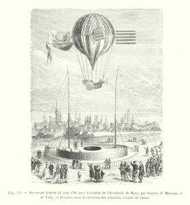 Nousu tehtiin 12. kesäkuuta 1784 Dijonin Akatemian aerostaatilla, Guyton de Morveau ja de Virly, Ensimmäinen aerostaattien suuntatesti airoilla (kaiverrus) tekijältä European School