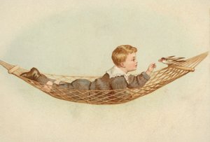 Poika makaa riippumatossa ruokkimassa lintua (chromolitho) tekijältä European School