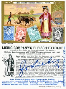 Bulgarialaiset postimerkit, Liebig-mainoskortin etu- ja kääntöpuoli, 1897 tekijältä European School