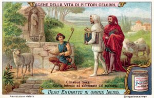 Cimabue löysi Gioton tiiviisti luonnostelemassa lampaita (chromolitho) tekijältä European School