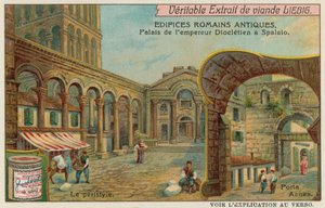 Diocletianuksen palatsi Splitissä Kroatiassa, jossa on yksityiskohta Colonnadista ja eteläisestä meriportista (chromolitho). tekijältä European School