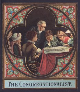 Perhe lukemassa kopiota The Congregationalistista (chromolitho) tekijältä European School