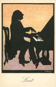 Franz Liszt, unkarilainen pianisti ja säveltäjä (värilitografia) tekijältä European School