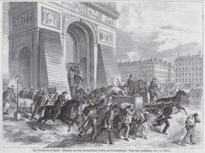 Karkulaisia Ranskan armeijan pommituksesta Riemukaaren ohitse, Pariisin kommuuni, huhtikuu 1871 (kaiverrus) tekijältä European School