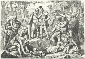 Germanicus hautaa Publius Quinctilius Varuksen komentaman kolmen roomalaisen legioonan sotilaiden luut, jotka saksalaiset tuhosivat Teutoburgin metsän taistelussa 9 eKr. (kaiverrus) tekijältä European School