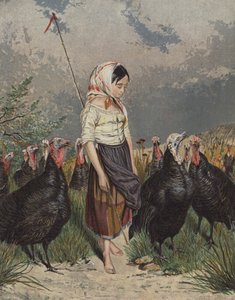 Tyttö huolehtii kalkkunaparvista (väri litho) tekijältä European School
