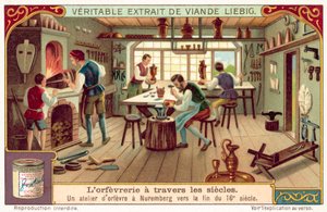Kultasepän työpaja Nürnbergissä, 1500-luvun lopulla (chromolitho) tekijältä European School