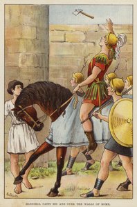 Hannibal heittää kirveensä Rooman muurien yli (chromolitho) tekijältä European School