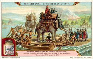 Hannibal ylittää Rhônen armeijansa ja norsujensa kanssa, 218 eKr. (chromolitho) tekijältä European School