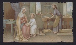 Jeesus Kristus poikana äitinsä Marian kanssa Joosefin puusepänliikkeessä (chromolitho) tekijältä European School