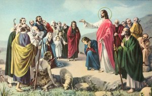 Jeesus Kristus pitämässä vuorisaarnaa (värilitografia) tekijältä European School