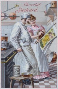 Keittiökohtaus, mainos Suchard-kaakaosta (chromolitho) tekijältä European School