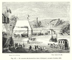 Liverpoolissa lokakuussa 1829 pidetty veturikilpailu (kaiverrus) tekijältä European School