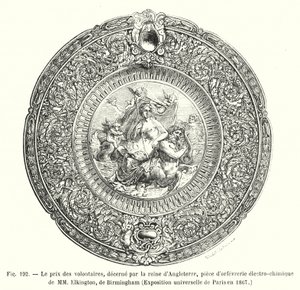 Englannin kuningattaren myöntämä palkinto vapaaehtoisille, MM Elkingtonin sähkökemiallinen kultaseppä, Birmingham, Pariisin yleisnäyttely vuonna 1867 (kaiverrus) tekijältä European School