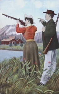 Mies ja nainen ampumassa (värilitro) tekijältä European School