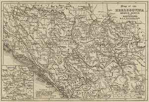 Hertsegovinan, Bosnian, Servian ja Montenegron kartta (kaiverrus) tekijältä European School
