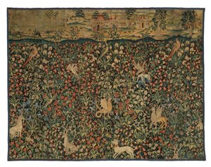 Mille fleurs kuvakudosfragmentti eläimistä, lintuista ja maisemasta, n. 1500 (villa) tekijältä European School