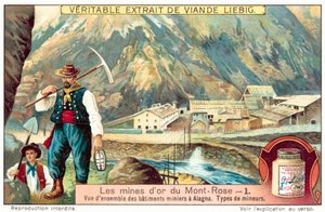 Kaivostyöläiset ja kaivosrakennukset Monte Rosan kultakaivoksissa, Italiassa (chromolitho) tekijältä European School