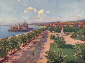 Nizza, La Jetee, muistomerkki ja yleisnäkymä linnuntietä (värilitografia). tekijältä European School