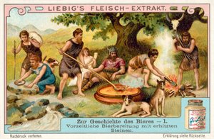Esihistoriallinen oluen tuotanto lämmitetyillä kivillä (chromolitho) tekijältä European School