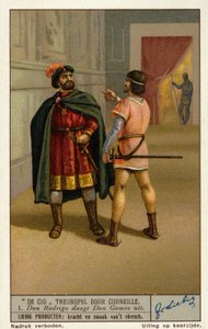 Kohtaus ranskalaisen näytelmäkirjailijan Paul Corneillen tragediasta Le Cid: Don Rodrigue haastaa Don Gomesin, Chimenen isän (chromolitho). tekijältä European School
