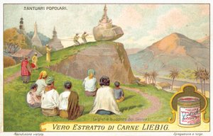 Siamilaiset buddhalaiset palvomassa tasapainoittavassa kalliopyhäkössä (chromolitho) tekijältä European School