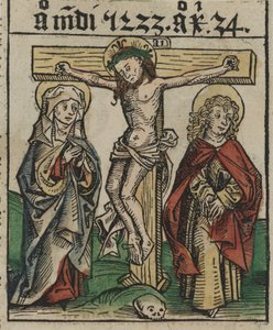 Ristiinnaulitseminen, 1400-luvun loppu (käsinvärinen puupiirros) tekijältä European School