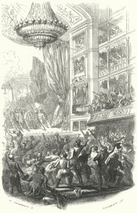 Belgian vallankumouksen alku: Daniel Auberin oopperan La Muette de Porcini esitys Theater de la Monnaiessa Brysselissä, 25. elokuuta 1830 (kaiverrus) tekijältä European School