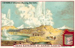 Yellowstonen kansallispuiston geysirit, Wyoming, USA (chromolitho) tekijältä European School
