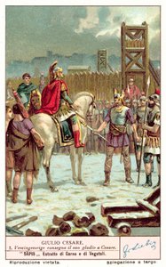 Vercingetorix luovuttamassa miekkansa Julius Caesarille Alesian piirityksen jälkeen, 52 eKr. (chromolitho) tekijältä European School