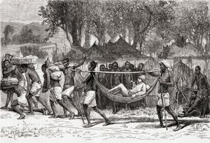 Verney Lovett Cameron saapuu Oulondan kylään Afrikassa, 1878 (puukaiverrus) tekijältä European School