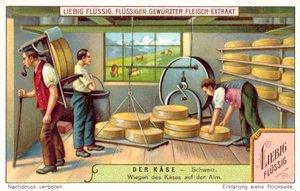Sveitsiläisten juustojen punnitseminen alppimeijerissä (chromolitho) tekijältä European School