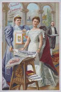 Nainen sanomalehden kanssa, mainos Suchard-suklaasta (chromolitho) tekijältä European School