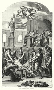 Pyhän Laurentiuksen marttyyrikuolema (kaiverrus) tekijältä Eustache (after) Le Sueur