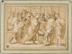 Kohtaus Rooman historiasta, verhottu hahmo esittelee kirjaa hallitsijalle tekijältä Eustache Le Sueur