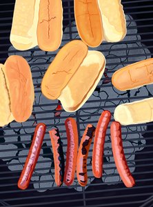 6 hot dogia grillissä, South Side of Streef (digitaalista taidetta) tekijältä Evan Sklar