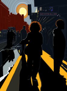 Taustavalaistut hahmot ja aurinko Manhattanin jalkakäytävällä. (digitaalista taidetta) tekijältä Evan Sklar