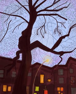 Brooklyn Brownstone Street At Dusk, 2016 (käsin piirretty iPadilla Apple-kynällä). tekijältä Evan Sklar