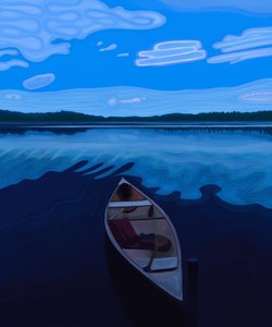 Kanootti Maine-järvellä hämärässä (digitaalista taidetta) tekijältä Evan Sklar