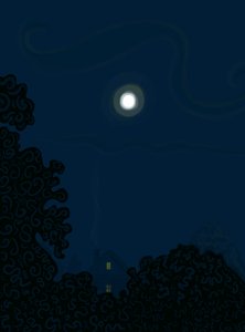 Talo, jossa Gable ja Moon at Night Shadows of Trees (digitaalista taidetta) (digitaalista taidetta) tekijältä Evan Sklar