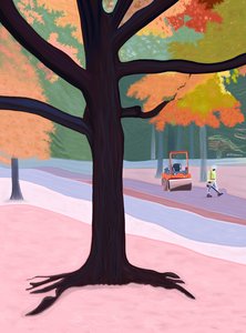 Mies lehtipuhaltimen kanssa, 2025 (digitaalista taidetta) tekijältä Evan Sklar