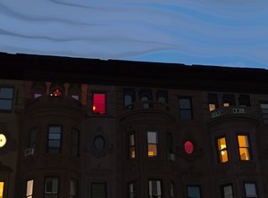 Rivitalot, joissa on värikkäät ja valaistut ikkunat, Brooklyn (digitaalista taidetta) tekijältä Evan Sklar