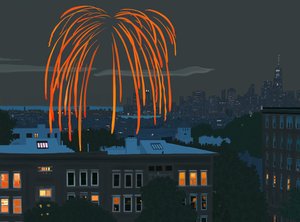 Näkymä New Yorkin satamaan ja horisonttiin ilotulituksella Brooklynista (digitaalista taidetta) tekijältä Evan Sklar